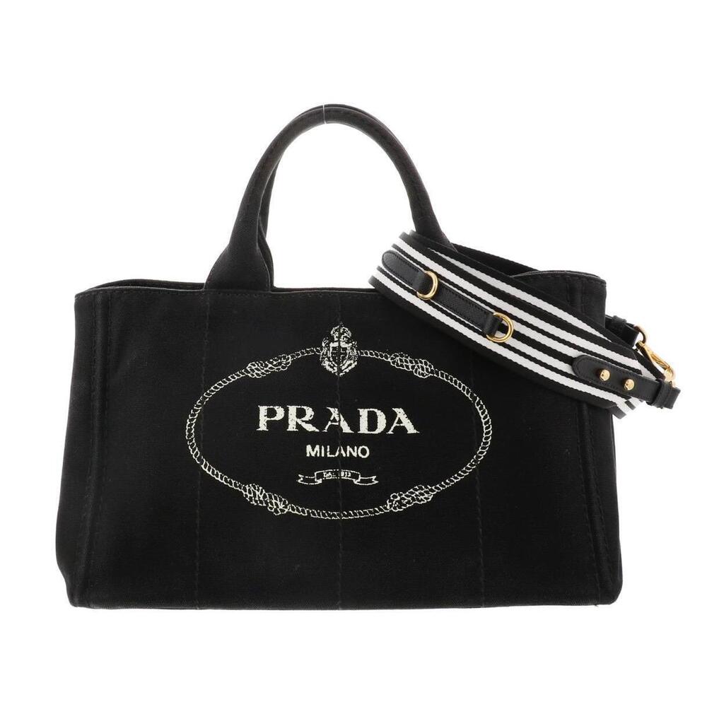 PRADA Canapa Tote Bag Stripe Handbag Black